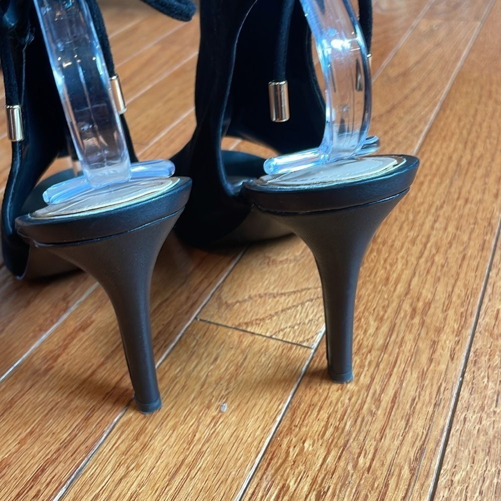 🗑️ WHBM black Isla suede open toe heels with tie back - Picture 4 of 6